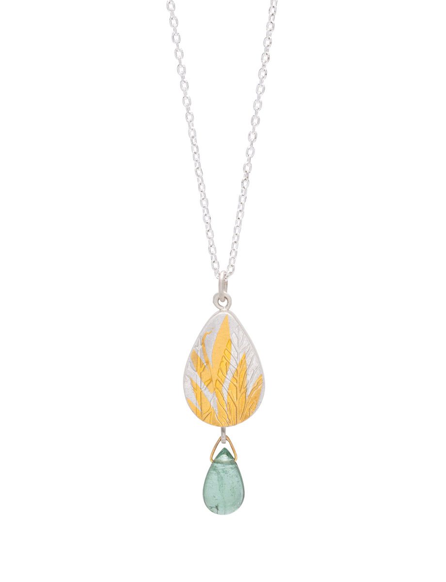 Flourish Pendant – Fine Silver, Yellow Gold Keum Boo & Green Tourmaline