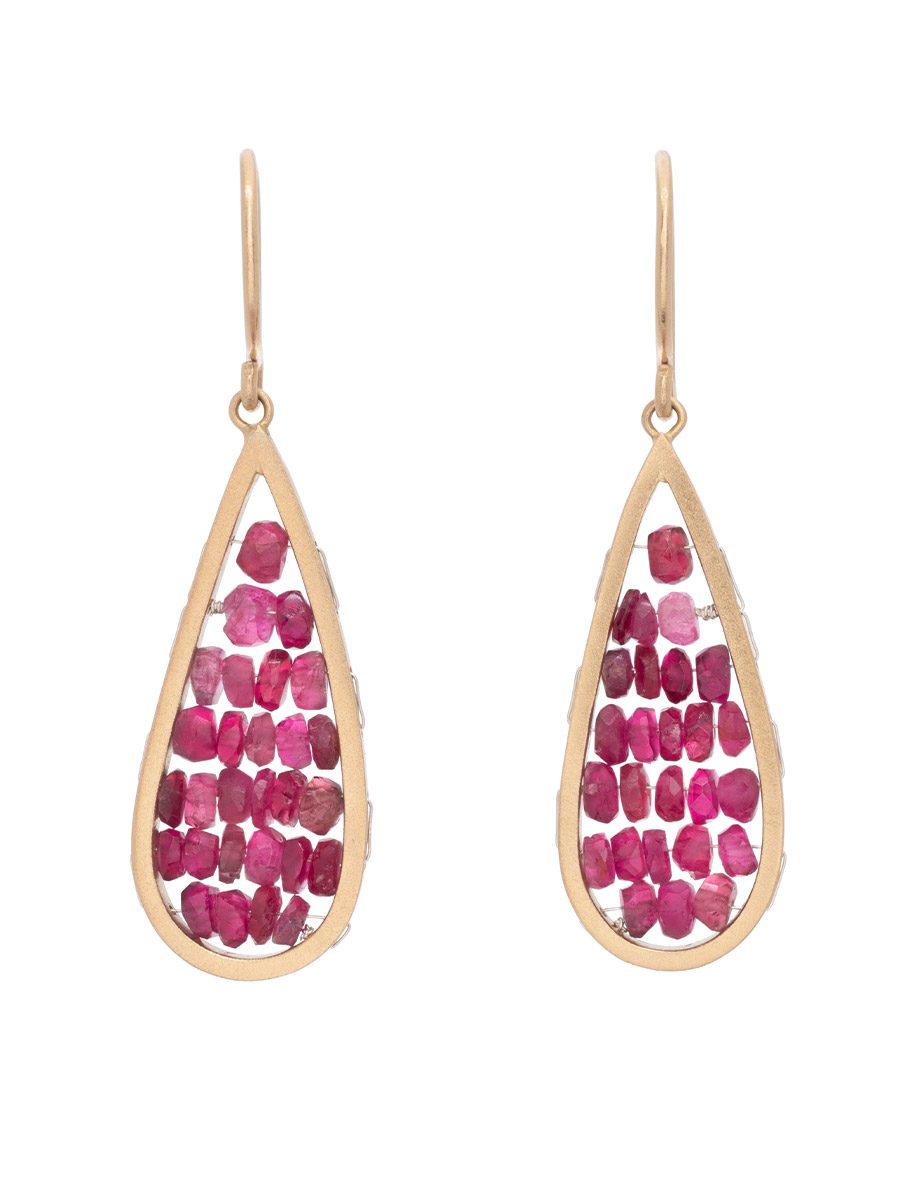 Narrow Teardrop Reef Earrings – Gold & Pink Tourmaline Beads