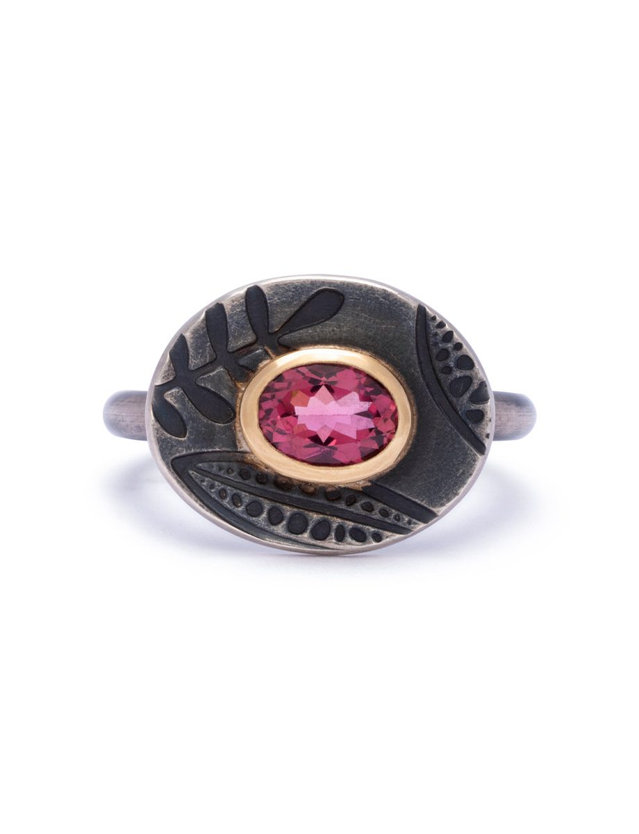 Evening Light Ring In Embossed Oxidised Sterling Silver And 18Ct Yellow Gold, With Pink Tourmaline