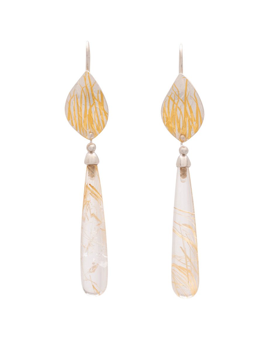 Golden Grasses Hook Earrings – Fine Silver, Yellow Gold Keum Boo & Rutilated Quartz