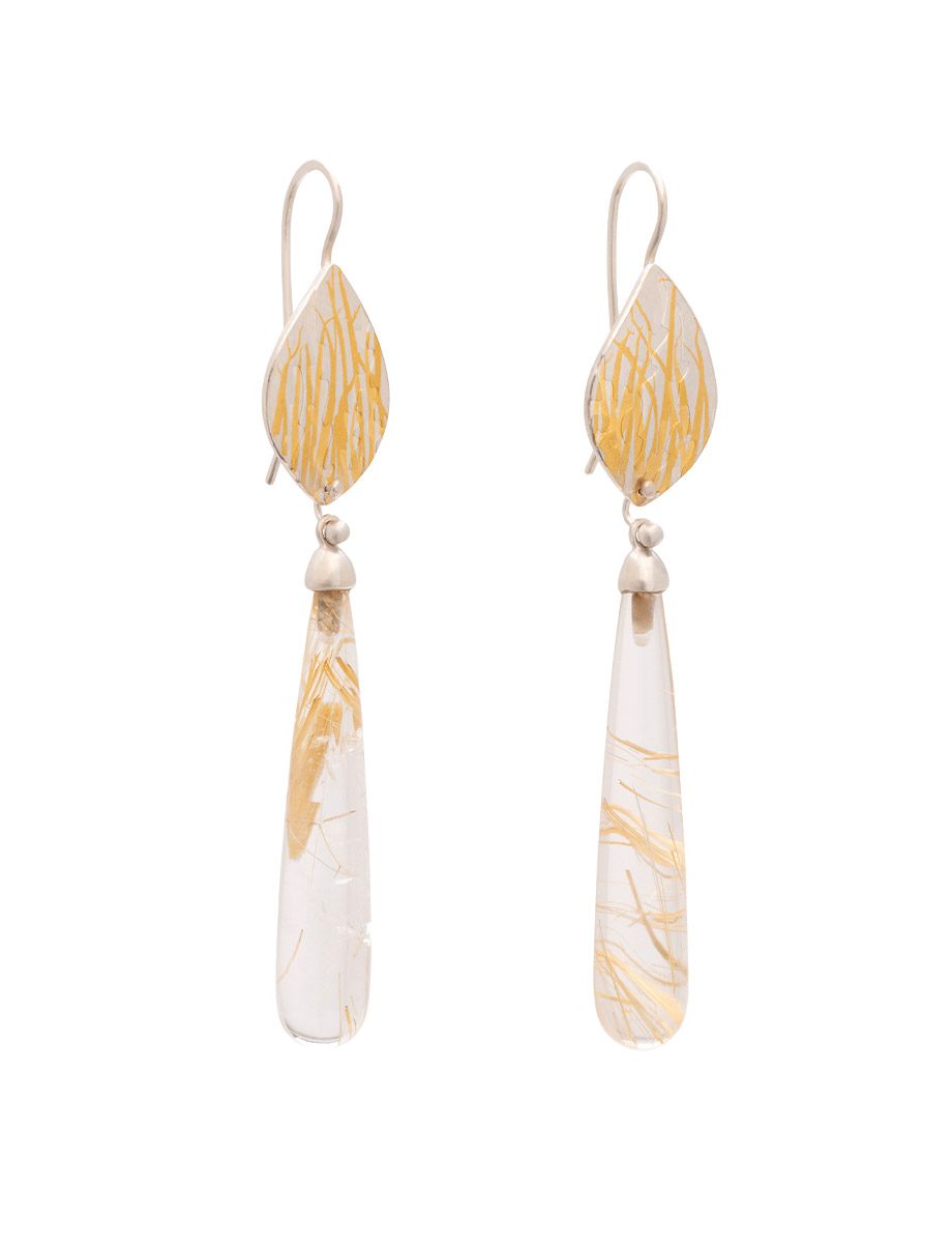 Golden Grasses Hook Earrings – Fine Silver, Yellow Gold Keum Boo & Rutilated Quartz