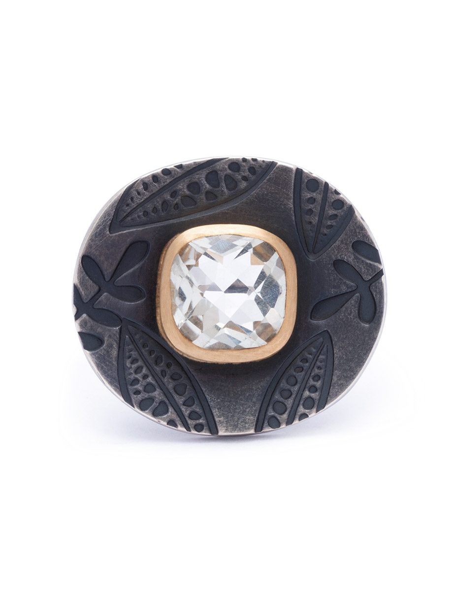 Petrichor Ring In Embossed Oxidised Sterling Silver And 18Ct Yellow Gold, With Mint Quartz