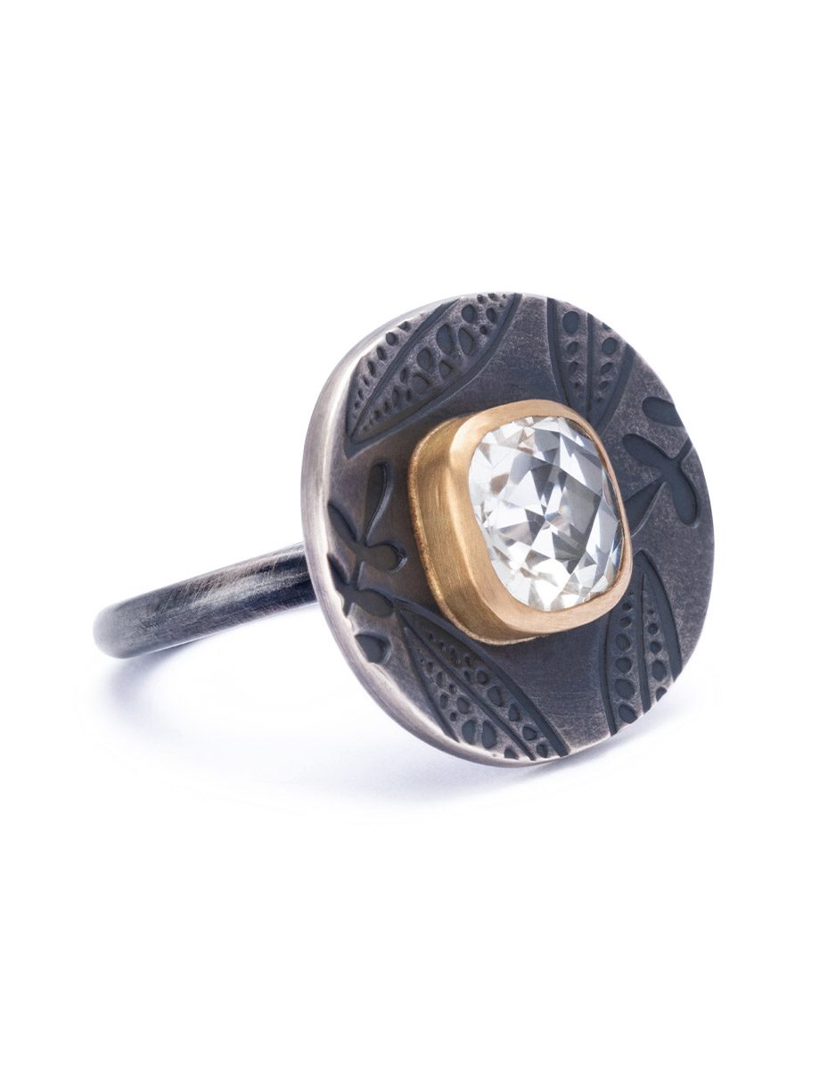 Petrichor Ring In Embossed Oxidised Sterling Silver And 18Ct Yellow Gold, With Mint Quartz
