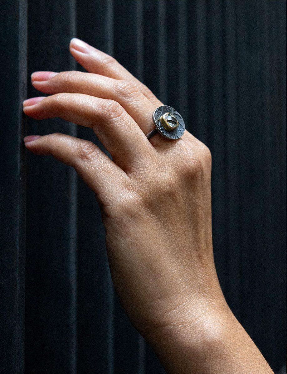 Petrichor Ring In Embossed Oxidised Sterling Silver And 18Ct Yellow Gold, With Mint Quartz
