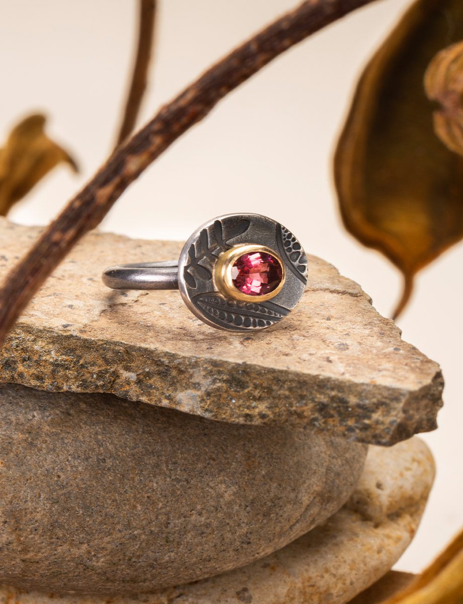 Evening Light Ring In Embossed Oxidised Sterling Silver And 18Ct Yellow Gold, With Pink Tourmaline