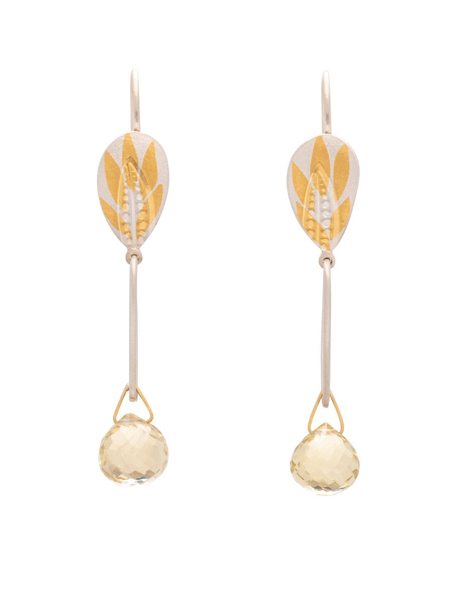 Sunny Days Hook Earrings – Fine Silver, Yellow Gold Keum Boo & Lemon Quartz