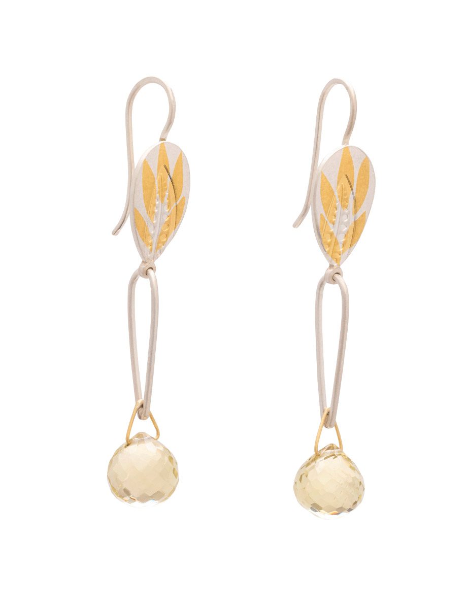 Sunny Days Hook Earrings – Fine Silver, Yellow Gold Keum Boo & Lemon Quartz