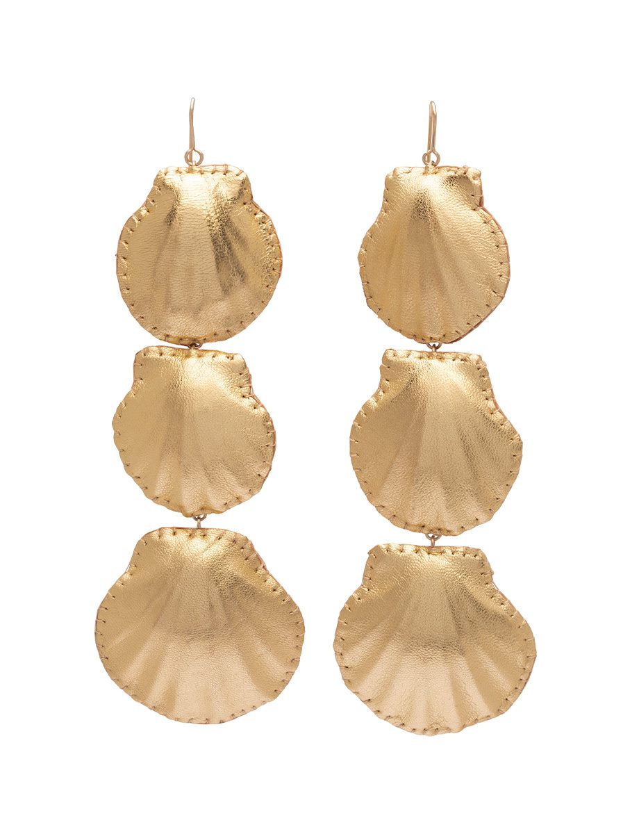 Soft Shell Three Tier Earrings – Queen Scallop Shell & Leather
