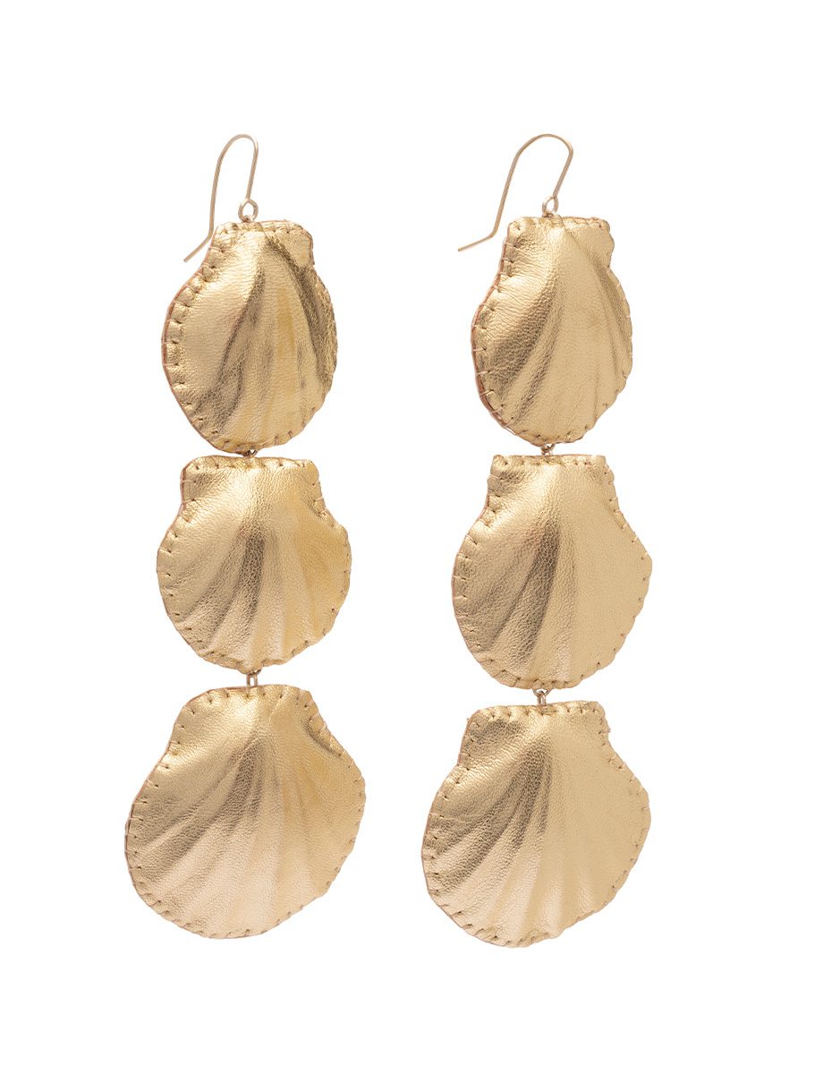 Soft Shell Three Tier Earrings – Queen Scallop Shell & Leather