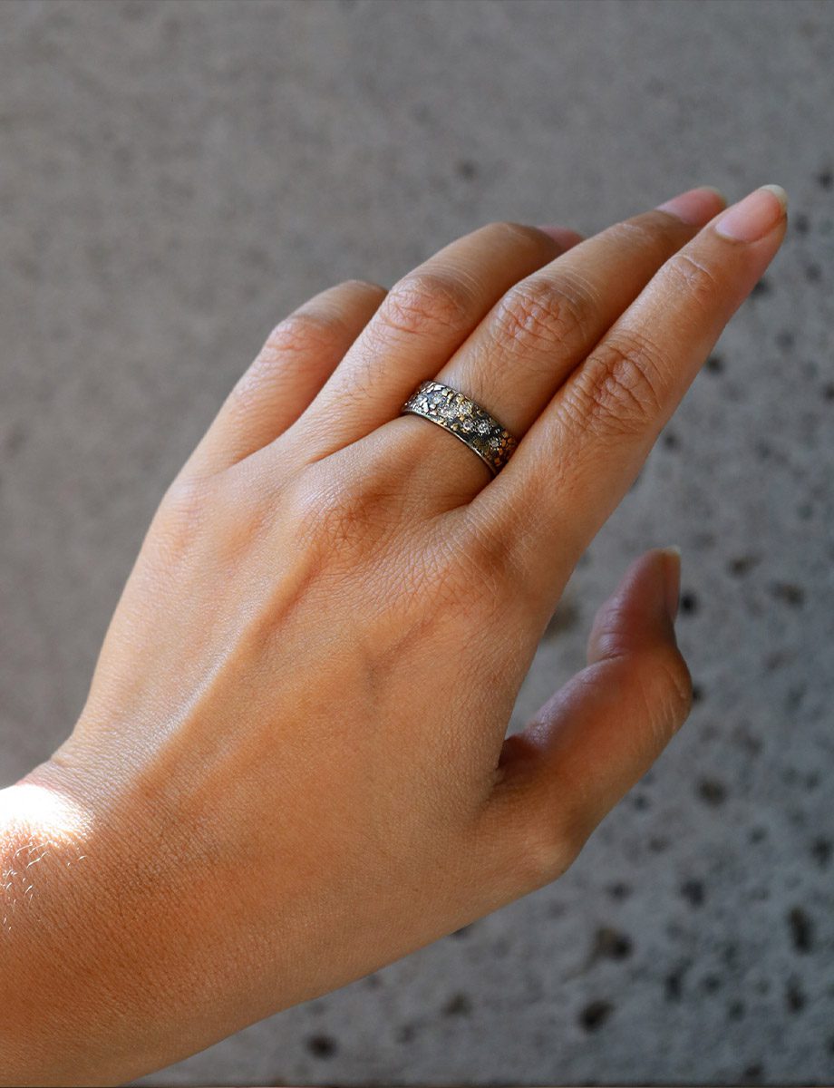 Cosmos Ring – Oxidised Silver, Yellow Gold & White Diamonds