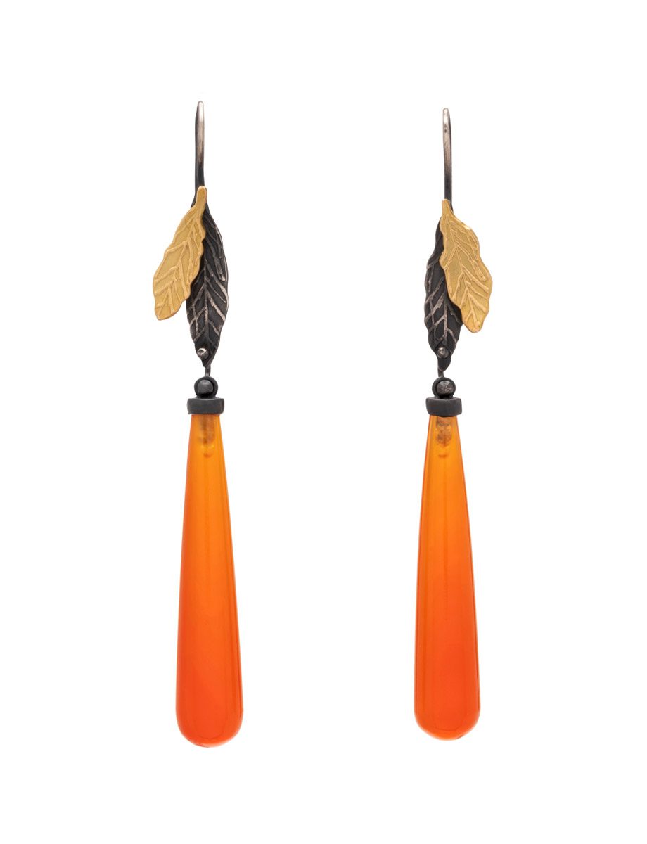 Double Leaf Ombre Drop Earrings – Yellow Gold, Silver & Carnelian