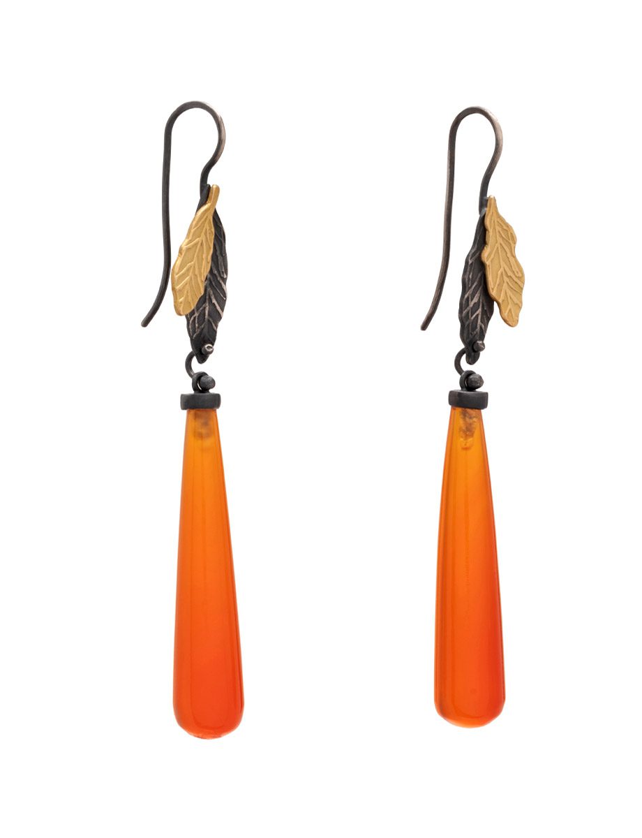 Double Leaf Ombre Drop Earrings – Yellow Gold, Silver & Carnelian