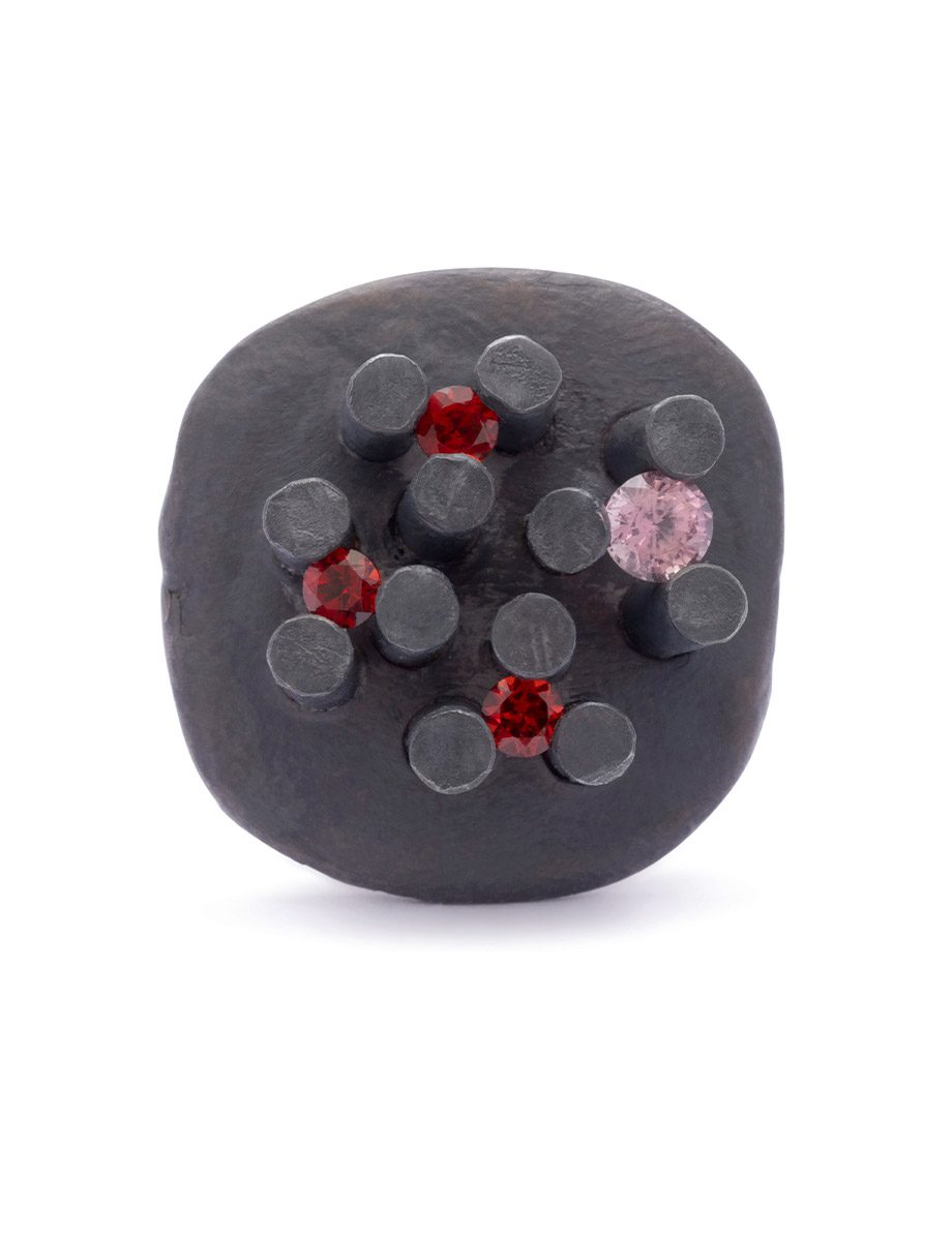 Sprue Ring 04 – Oxidised Silver, Garnet & Pink Sapphire