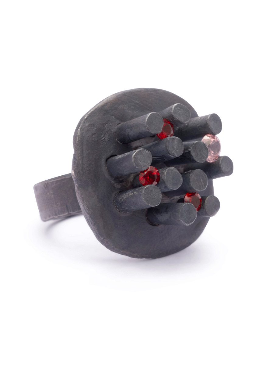 Sprue Ring 04 – Oxidised Silver, Garnet & Pink Sapphire