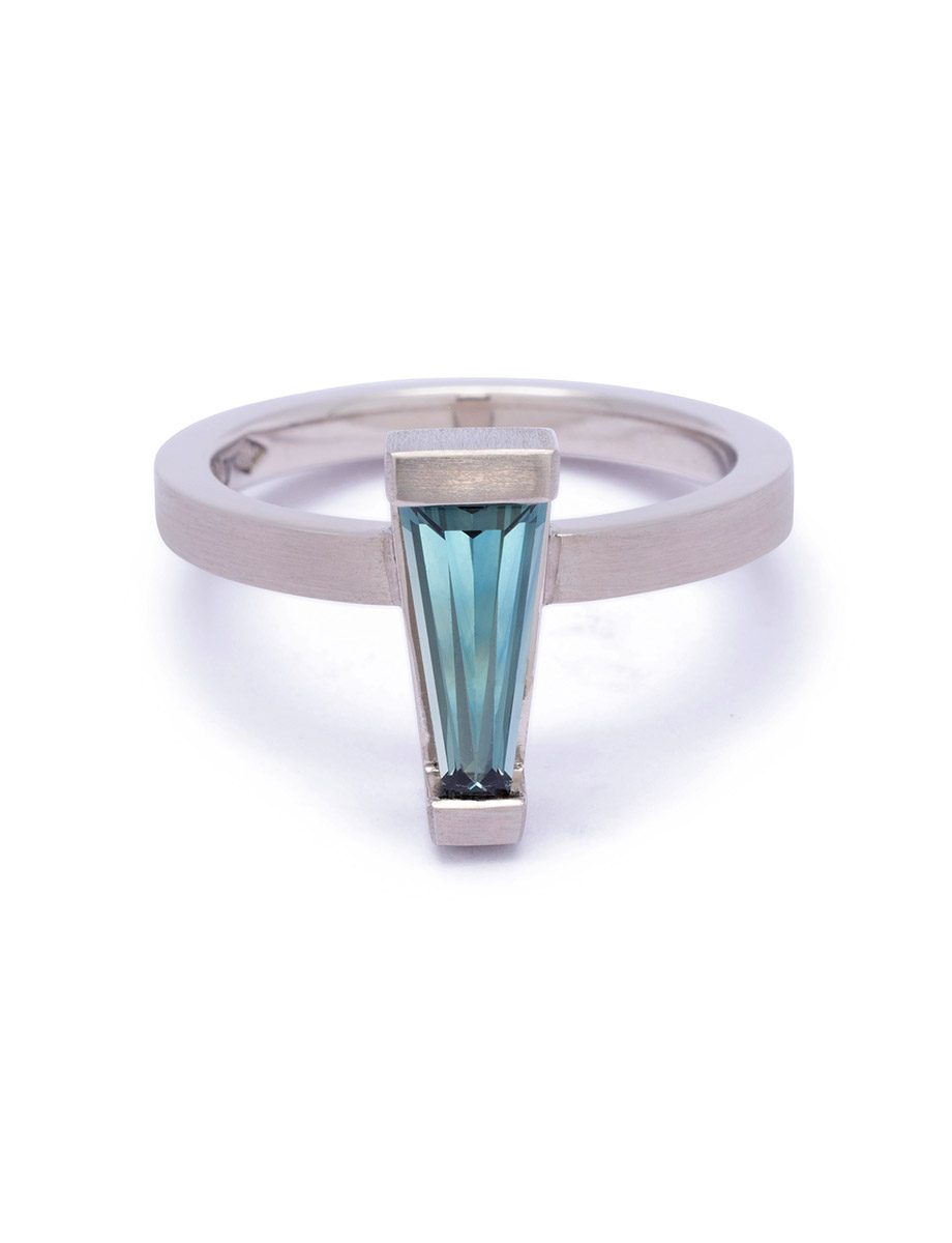 Tapered Falling Water Ring – Platinum & Teal Sapphire