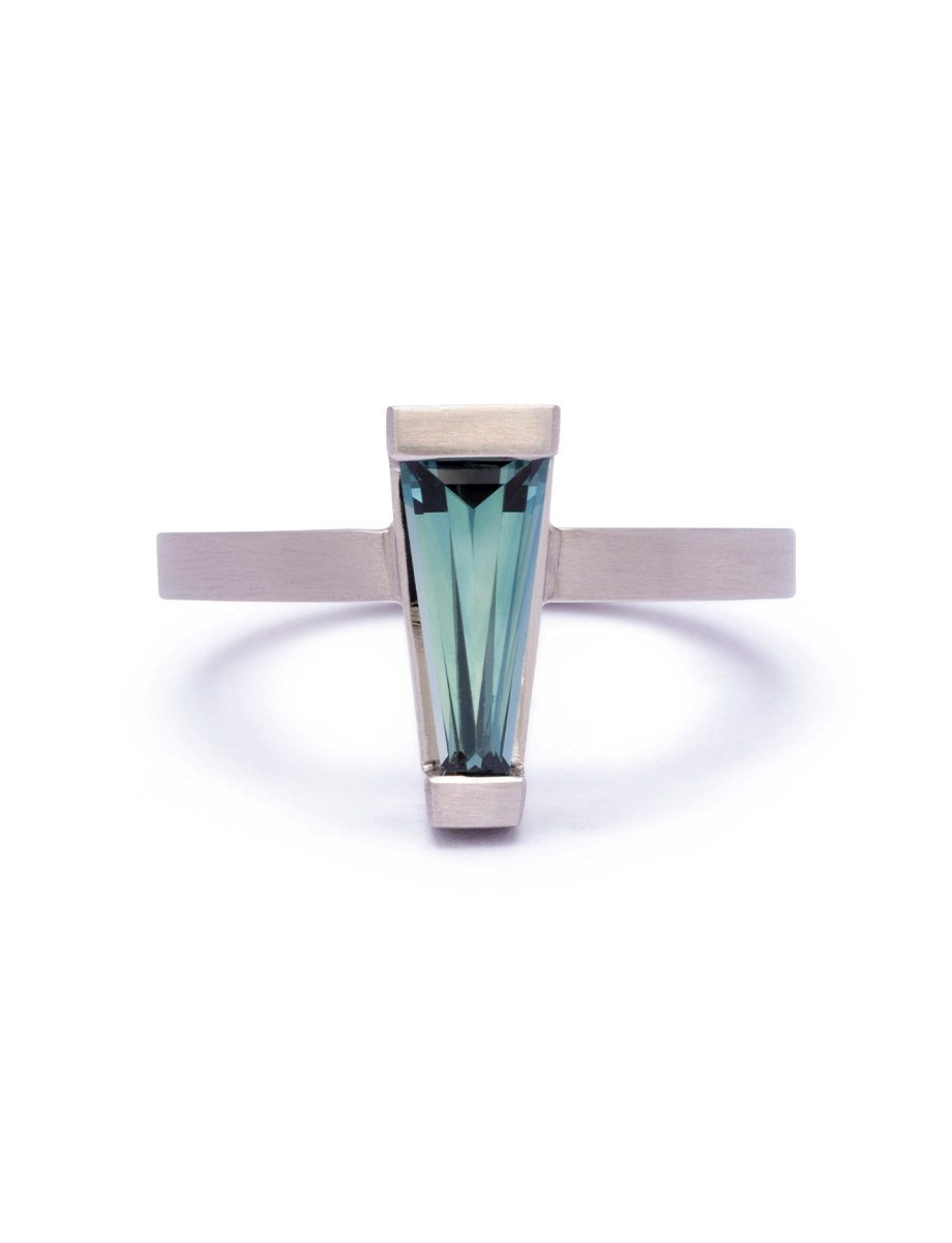 Tapered Falling Water Ring – Platinum & Teal Sapphire