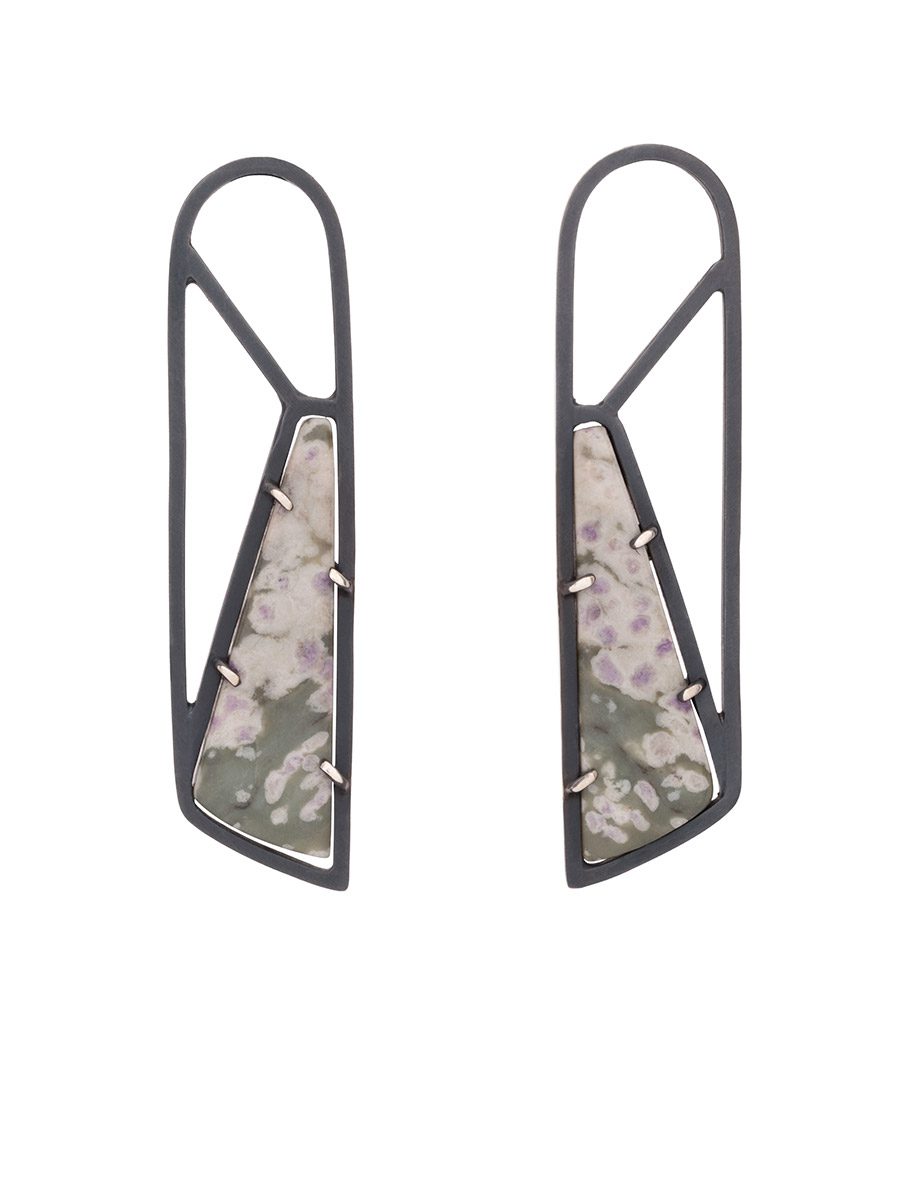 Inclusion Long Arch Earrings – Oxidised Silver & Peace Jade