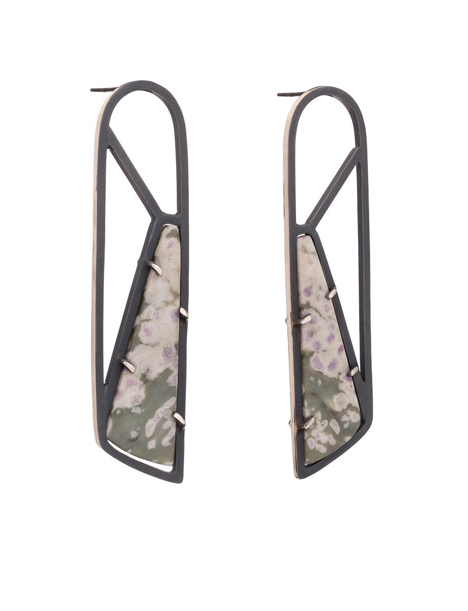Inclusion Long Arch Earrings – Oxidised Silver & Peace Jade