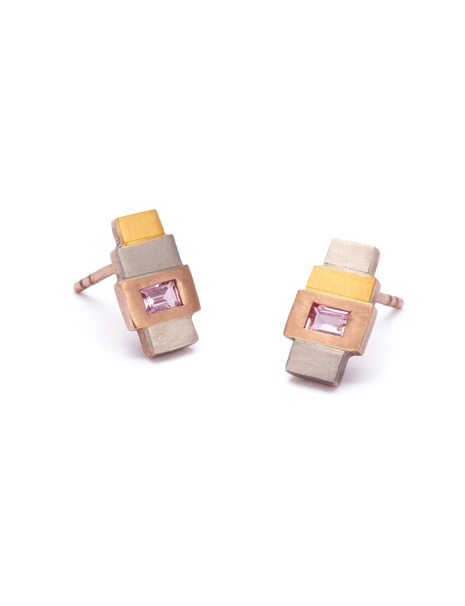 Peach Linear Sequence Stud Earrings – Gold & Peach Sapphire