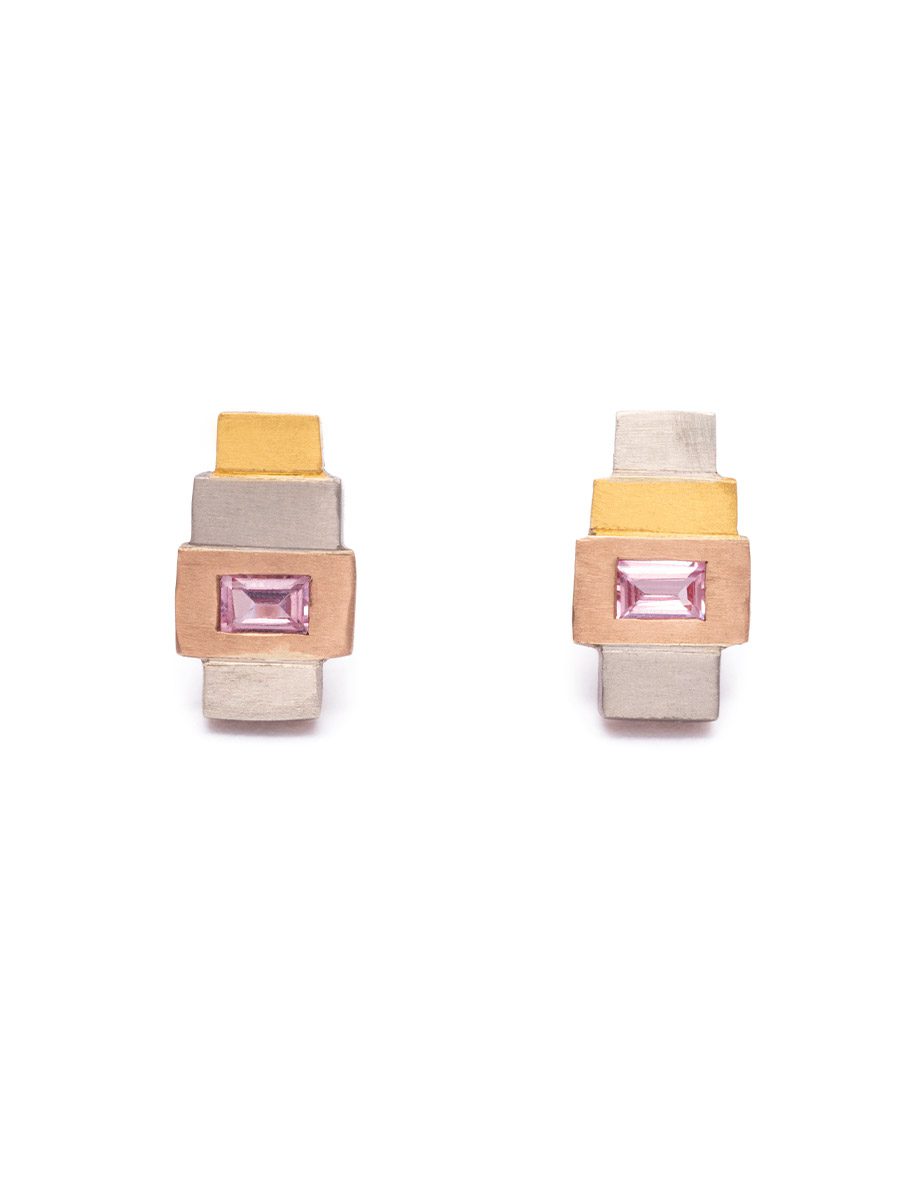 Peach Linear Sequence Stud Earrings – Gold & Peach Sapphire