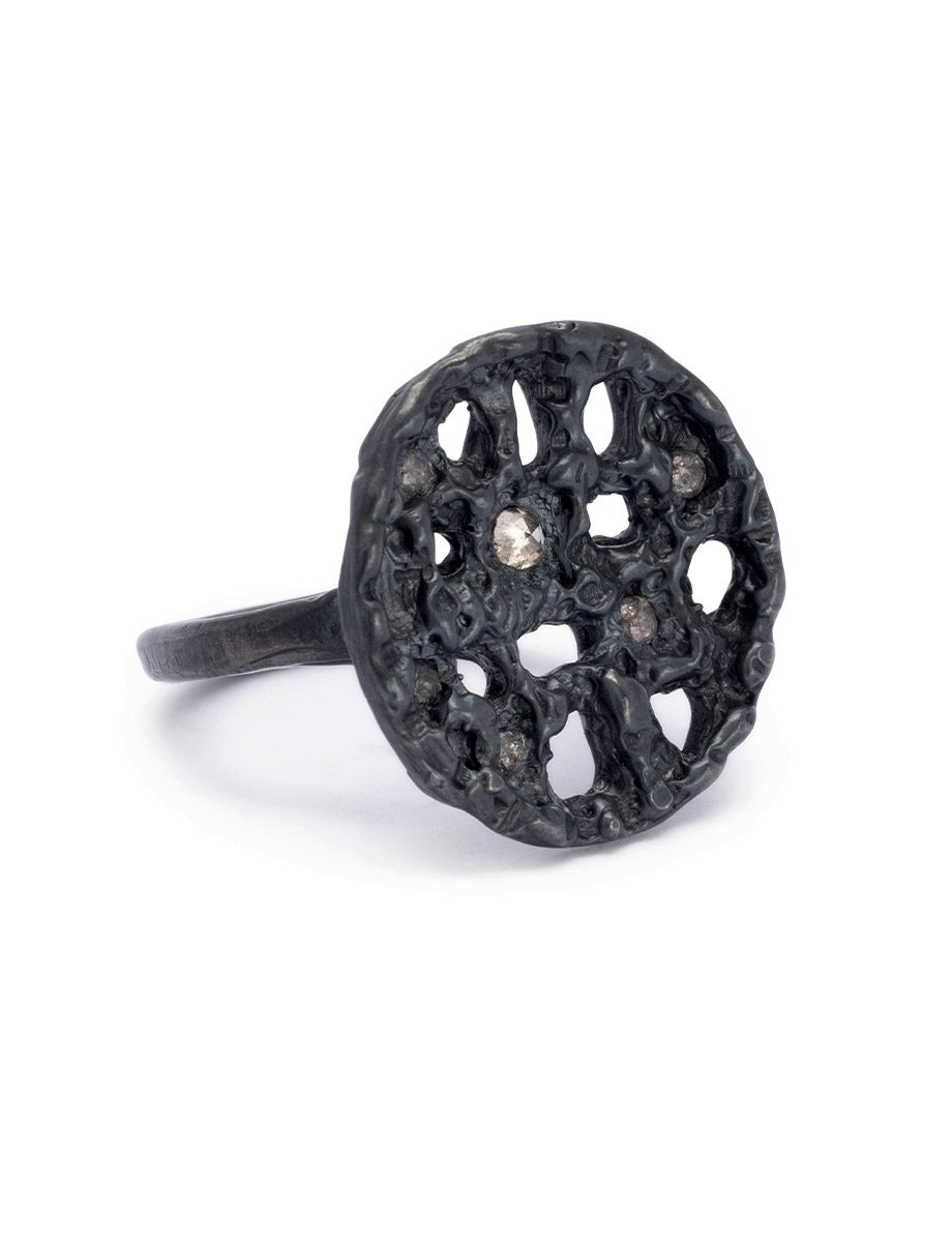 Lattice Ring – Oxidised Silver & Salt & Pepper Diamonds