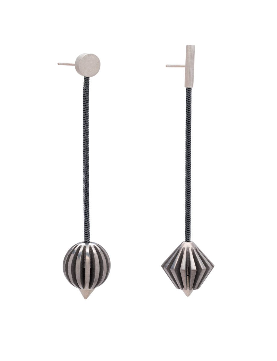 Dual Round Ridge Earrings – Titanium & Silver