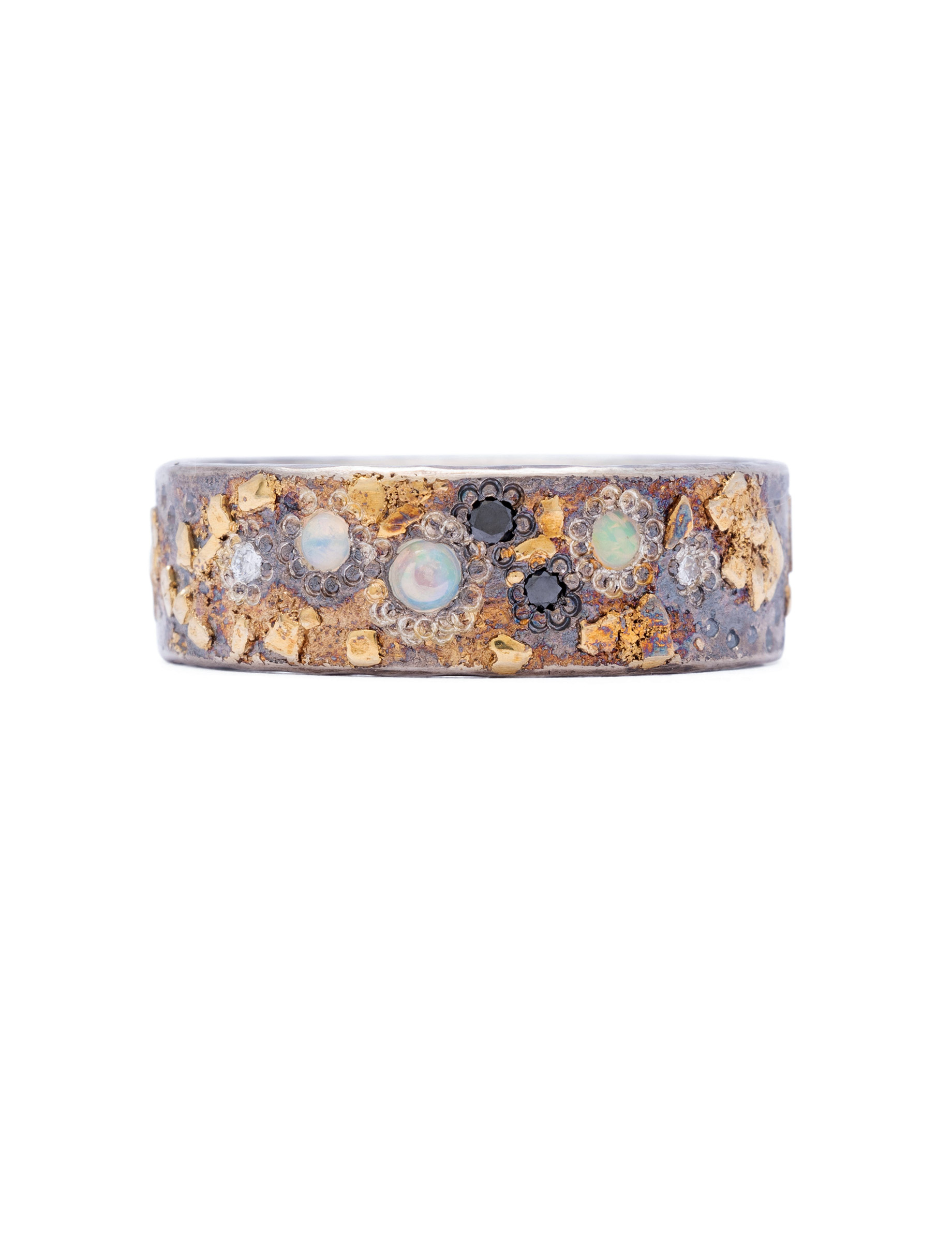 Elven Ring – Yellow Gold, Oxidised Silver & Opal