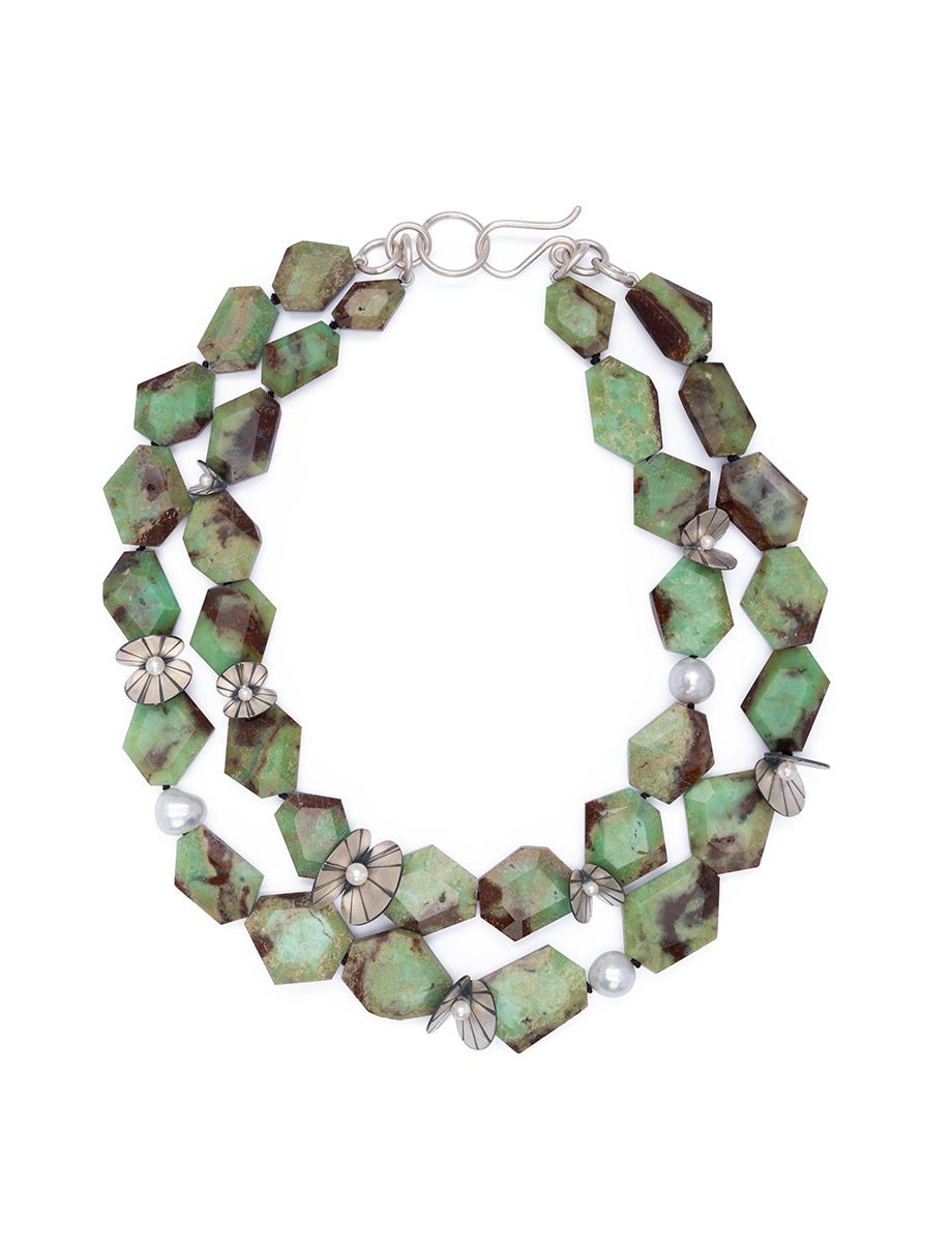 Fan Shell Necklace – Silver, Pearl, & Chrysoprase Beads