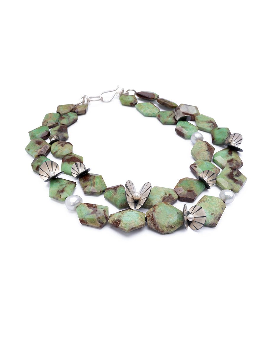 Fan Shell Necklace – Silver, Pearl, & Chrysoprase Beads