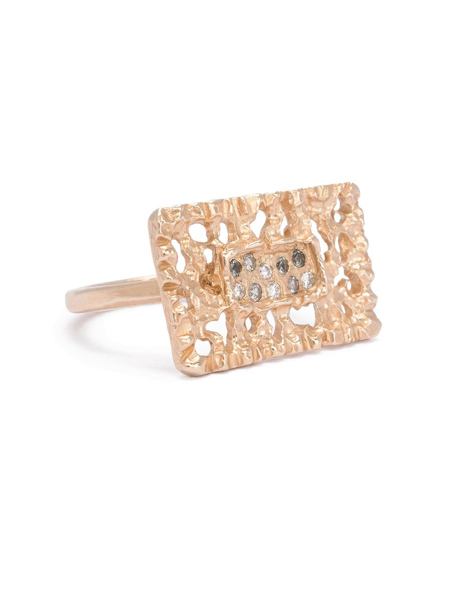 Past/Present Ring IV – Yellow Gold, White Diamonds & Teal Sapphires