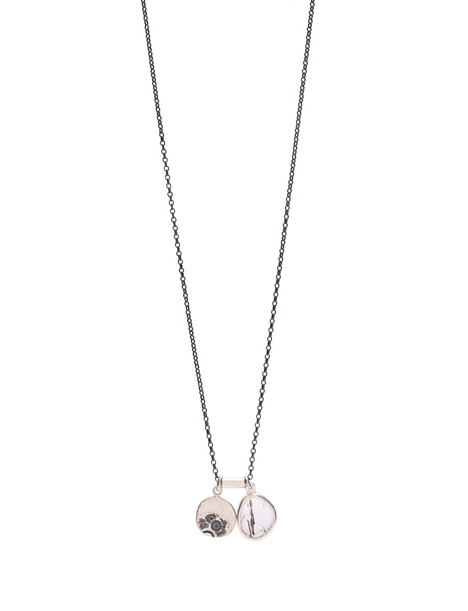 Two Charm Necklace – Crysanthemum Charm & Quartz