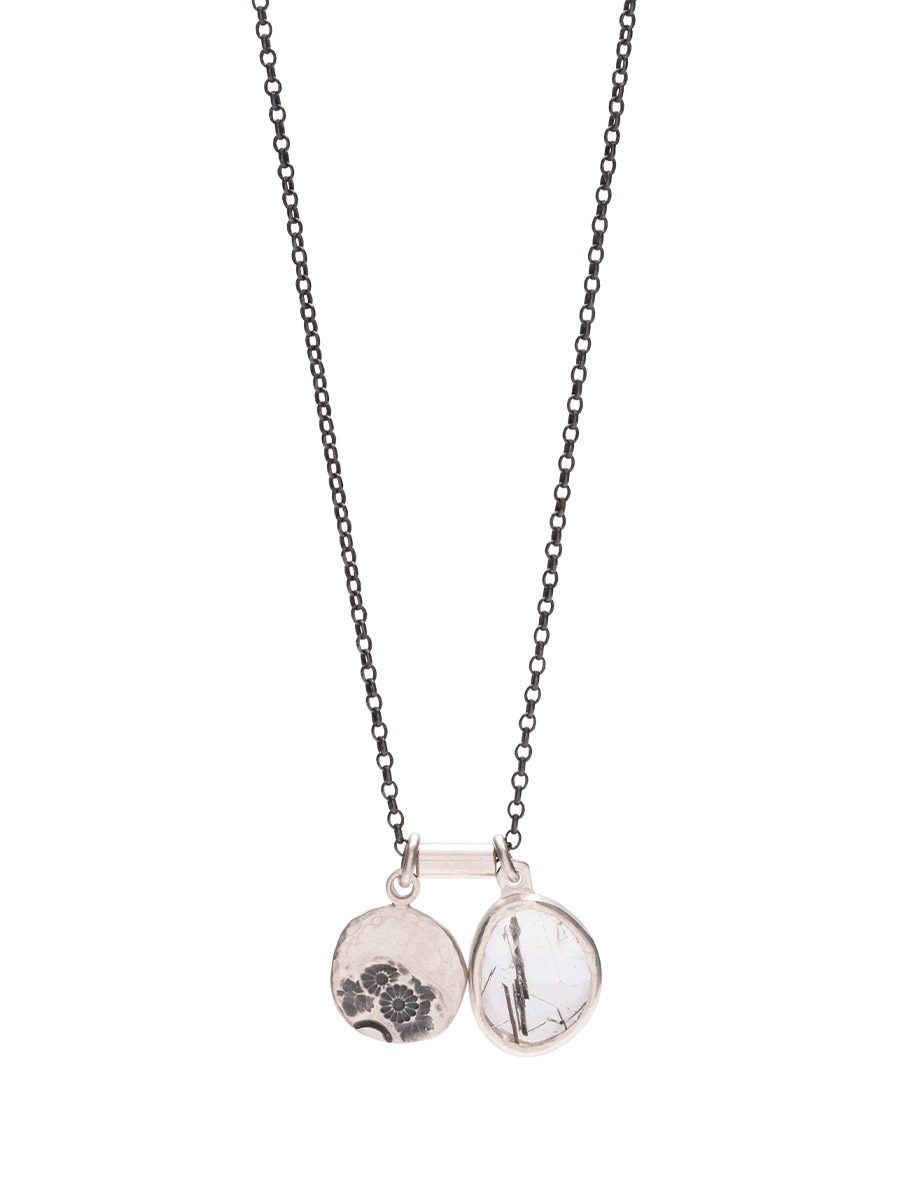 Two Charm Necklace – Crysanthemum Charm & Quartz