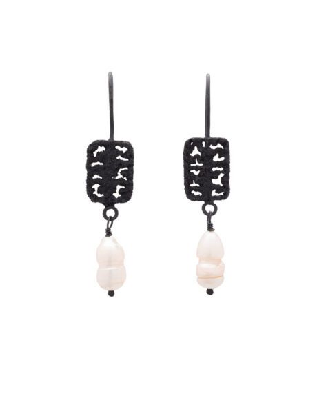 Rectangle Lattice Earrings – Matte Oxidised Silver & Pearls