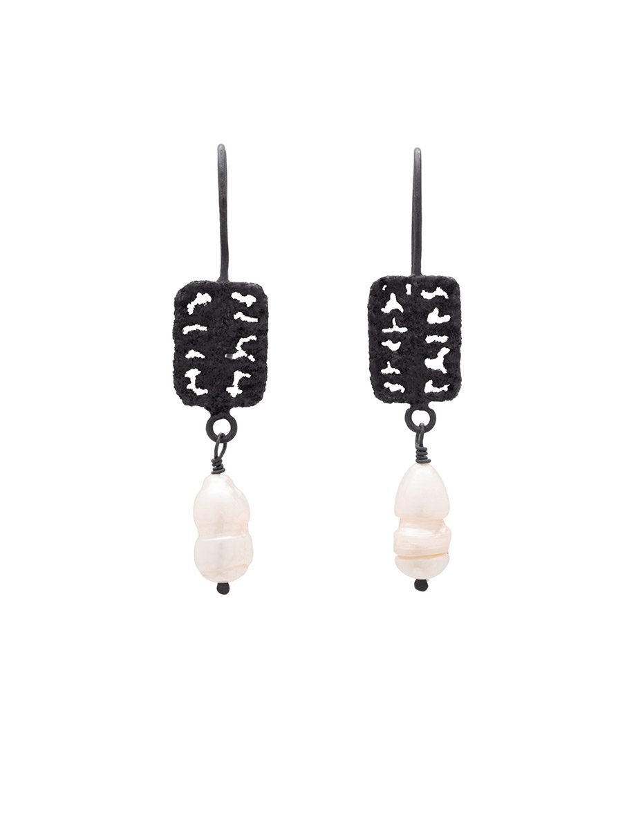 Rectangle Lattice Earrings – Matte Oxidised Silver & Pearls