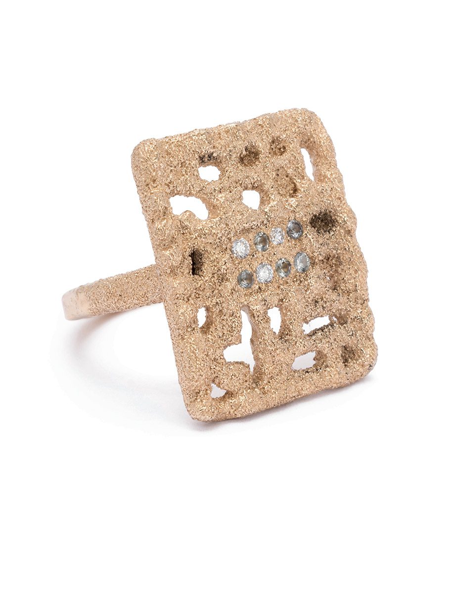 Rectangle Lattice Ring – Yellow Gold, White Diamond & Teal Sapphires