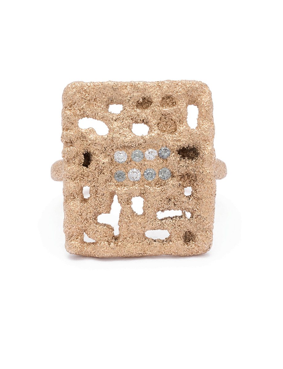 Rectangle Lattice Ring – Yellow Gold, White Diamond & Teal Sapphires